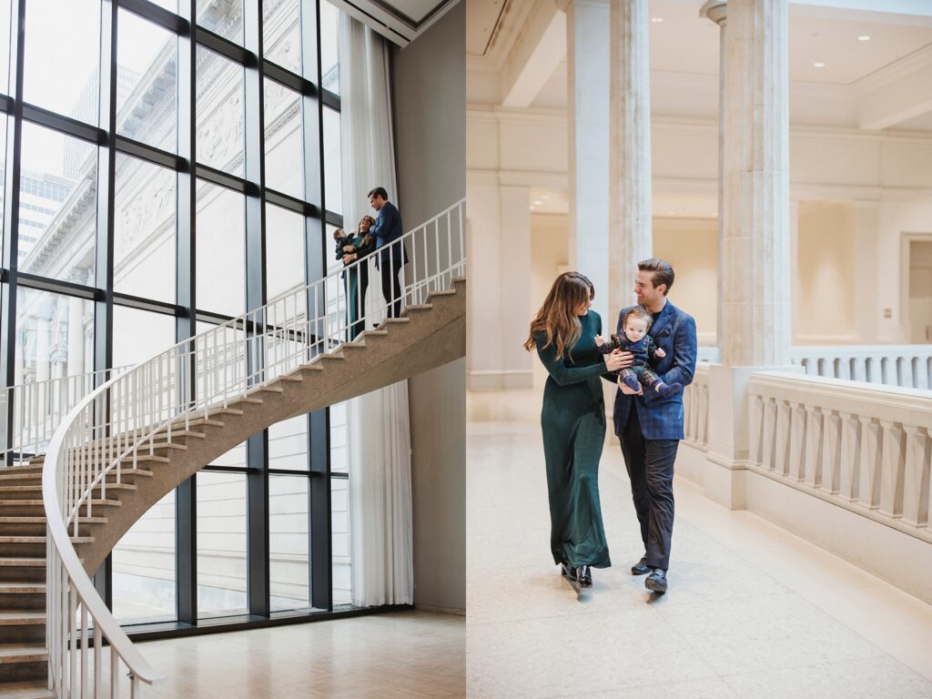 a family of three photographed in the art institute of chicago